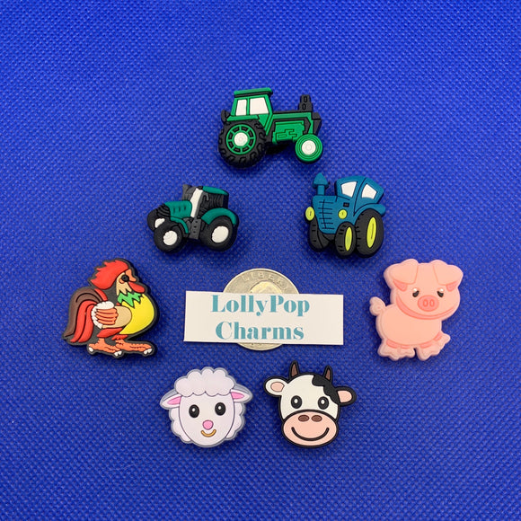 7 pc Down on the Farm Charm Set Farm Animals Tractors